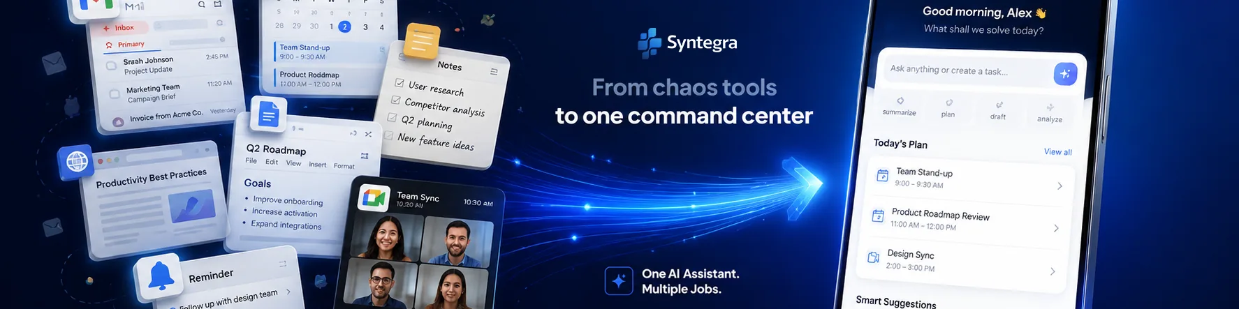 Tumpukan aplikasi terpisah — Gmail, Google Calendar, Notes, Docs, Google Meet, Reminder — mengalir menjadi satu ponsel Syntegra.