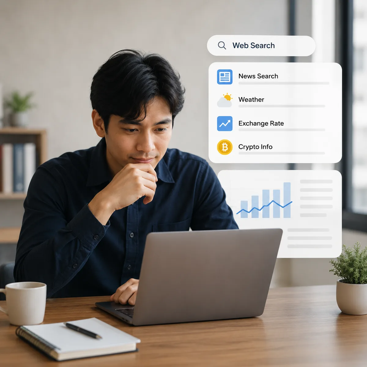 Seorang pria menatap laptop dengan ekspresi berpikir, dikelilingi panel Web Search, News, Weather, Exchange Rate, dan Crypto Info.